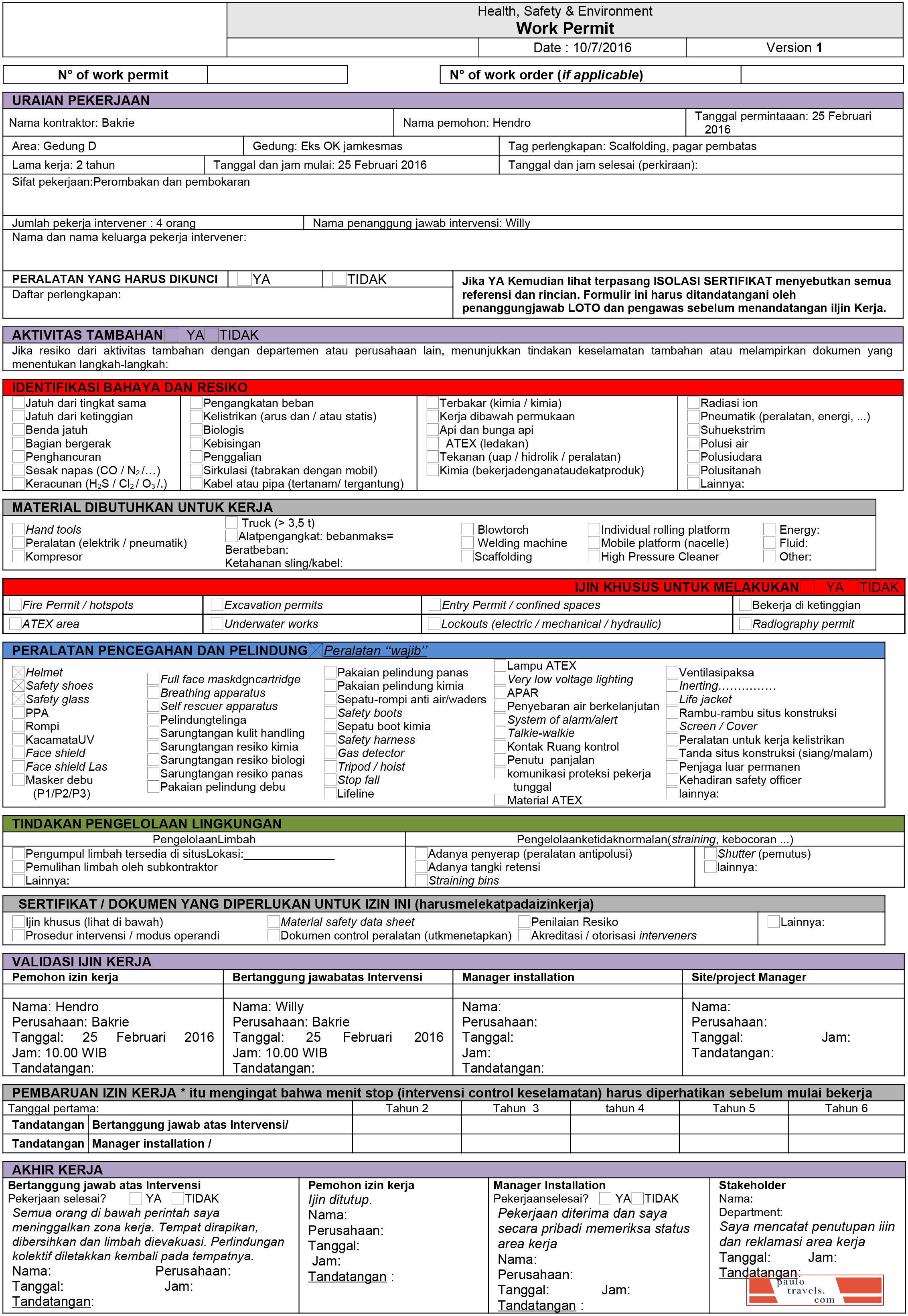 Health, Safety & Environment work permit